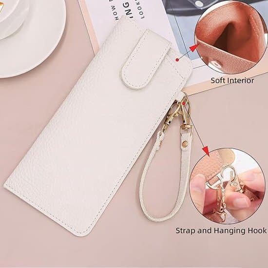Soft Eyeglass Case with Snap Closure and Wrist Strap - White - 18 x 8.2 cm - Suitable for Storing Glasses - Unisex