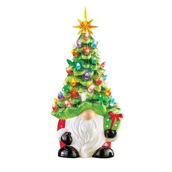 Illuminated Gnome Christmas Tree Decoration, 8-inch Mini Ceramic Gnome Christmas Tree, Small Standing Christmas Tree Gnome Decorations for Home Office and Table