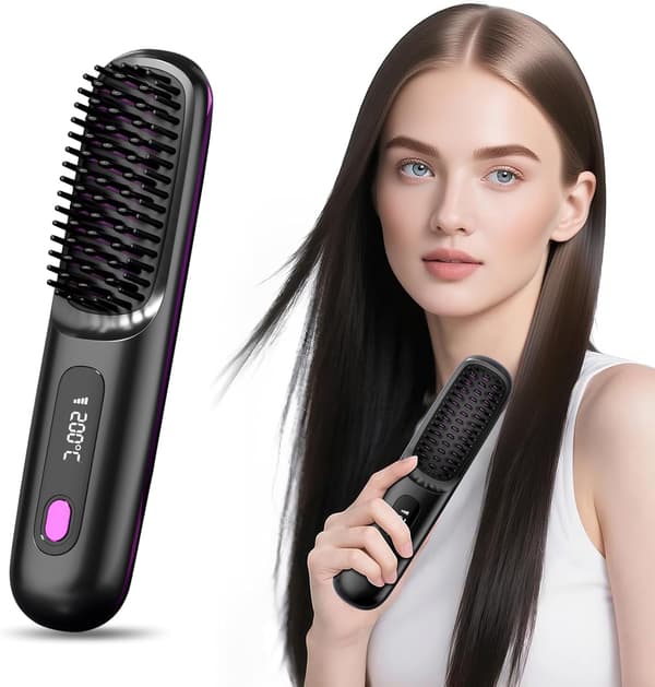 Hairbrush with LCD display (MCH ceramic fast heating), wireless USB charging, portable mini hairbrush, suitable for home use. Black