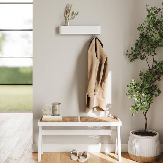 Wall Shelf - Coat Rack with Hooks - Coat Hanger - Storage Shelf - Hidden Hooks - Wood - White