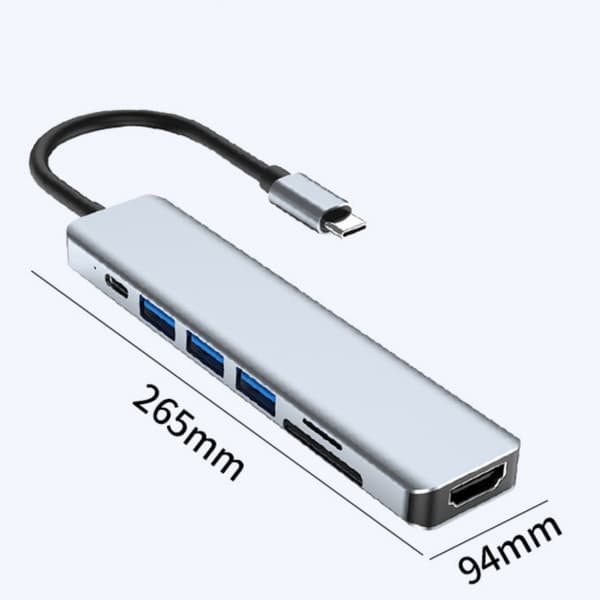7-in-1 Type-C-keskitin: HDMI, PD, SD/TF, USB 3.0 ja 2.0 -portit