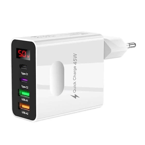4-ports hurtigoplader 2 Type-C 45w Multiplug vægoplader 2 USB-opladningsadapter Digital Hvid White