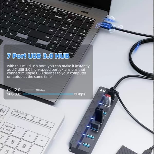 USB 3.0-hub, 7-porters USB-datahub-splitter, USB-forlenger