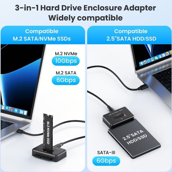USB til NVMe/Adapter Harddiskleser Disk-omformer Strømadapter Dataoverføring, M.2 NVMe/SATA SSD-kortleser