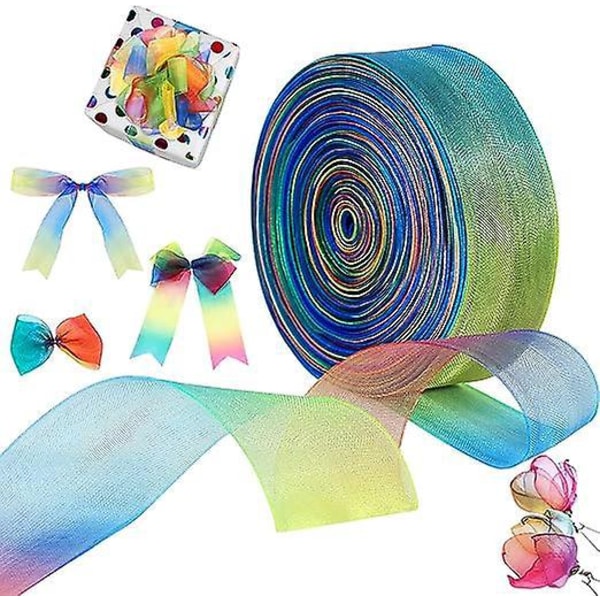 Rainbow Organza Ribbon - 45m x 25mm - Perfekt for gaveinnpakning, DIY-håndverk, bryllup, bursdager