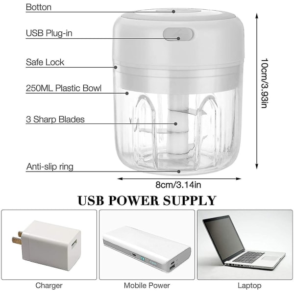 Sähköinen monitoiminen ruokasilppuri USB latauksella - 250 ml valkoinen