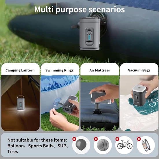 Luftpump - Luftmadrasspump - Elektrisk pump - Bärbar elektrisk luftpump - Sladdlös luftkompressor - Uppblåsbar kudde - Grå Grey