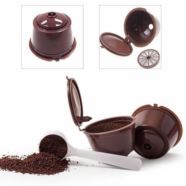 4 stk Dolce Gusto Kaffekapsler – gjenbrukbare påfyllbare kopper med 2 skjeer – kaffe