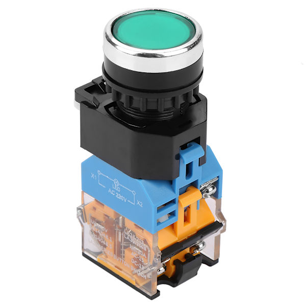 22mm Fladt Hoved Grøn Trykknap Momentary Switch Med LED Lys 220V