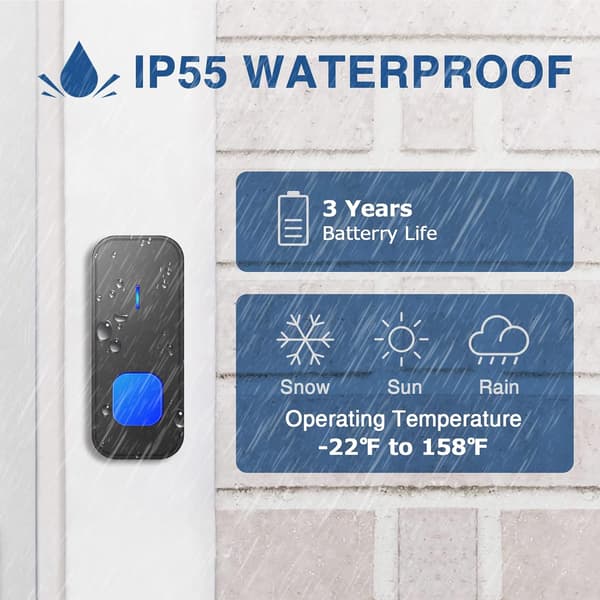 Wireless Loud Waterproof Doorbell, Easy Installation, 400m Range, 55 Melodies 5 Adjustable Volume Levels, LED Flash (1 Button+2 Receivers)