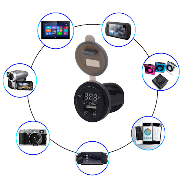 USB-lader for bil med spenningsvisning Voltmeter Kjøretøy Strøm IP66 Vanntett 2.1ARød DC12-24V