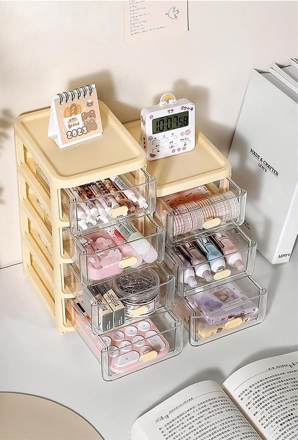 Mini Storage Tower - 4 Tiers - Plastic - 3 Drawers - Transparent