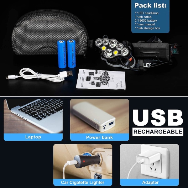 USB uppladdningsbar 13000 Lumen 8 LED vattentät pannlampa för camping, fiske, grotta, jogging, vandring