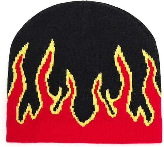 Thick Warm Earmuff Beanie Hat Men Winter Flame Print Riding Knitted Hat Costume Accessories Red