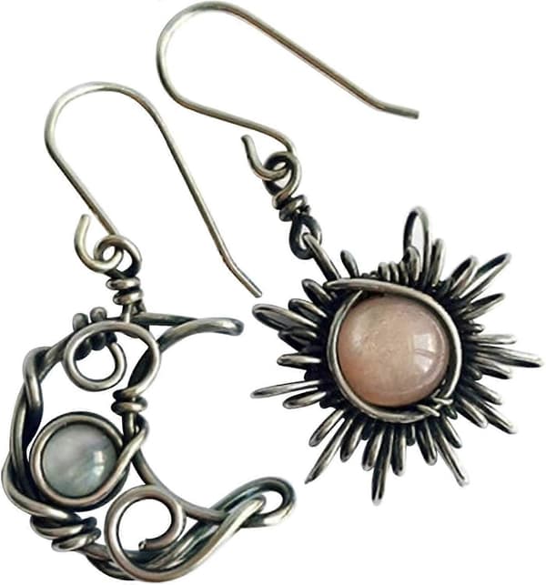 Boho Opal Sol och Måne Drop Dangle Örhängen Månsten Asymmetrisk Antik Silver