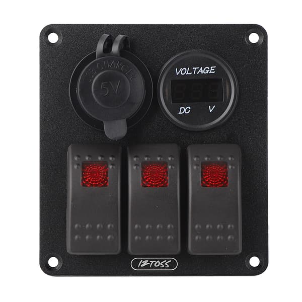 Multifunksjonelt 3-veis vippebryterpanel med voltmeterdisplay 4,8A lader for bobil båt rødt lys 0.9