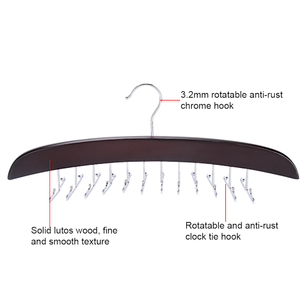 Hängare i trä för slipsar med 24 krokar, roterande bälteshållare, förvaring av slipsar i garderoben, mörk röd