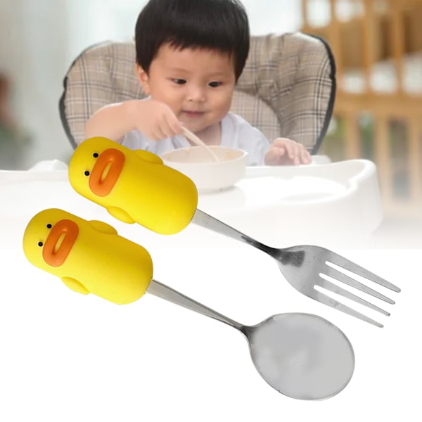 Sött Sked- och Gaffelset Rostfritt Stål Tecknad Design Multifunktionell Metallsked och Gaffel för Baby Pojkar Flickor Vit