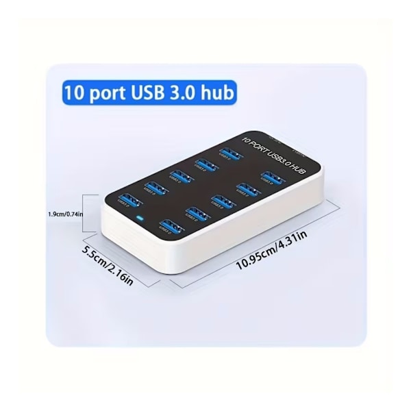 10-portars USB 3.0-hub, universell USB 3.0-expansionsadapter för bärbara datorer. USB-hubben stöder 5 Gbps höghastighetsdataöverföring