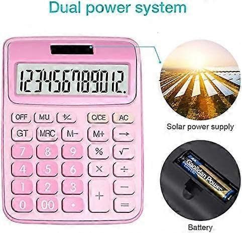 Calculator, 12-Digit Basic Desktop Calculator, Solar Battery Dual Power Supply with Large LCD Display and Large Buttons Office Calculator (Pink)
