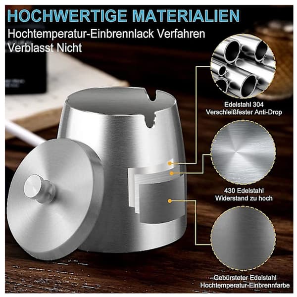 Stainless Steel Ashtray with Lid, Windproof Outdoor Ashtray with Non-Slip Bottom, Silver, Medium Size