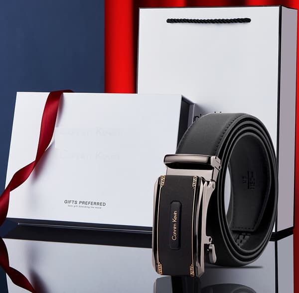 Men's Leather Belt Automatic Buckle Belt Father's Day Gift (Gold Edge 120cm)