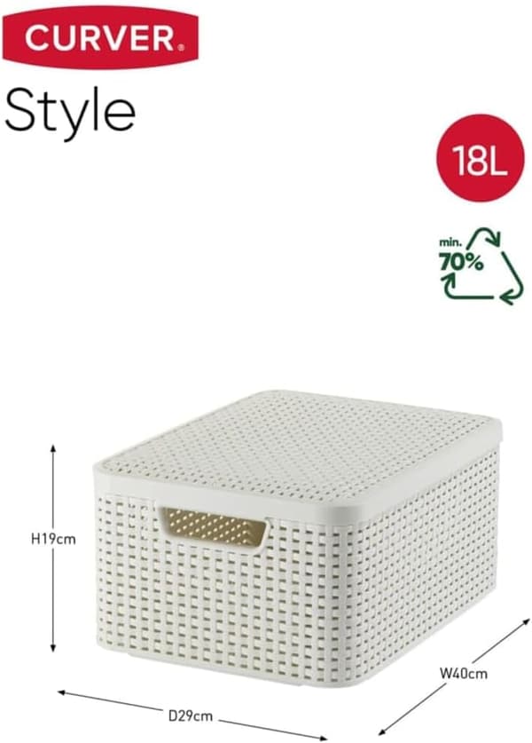 Storage box with lid, plastic storage basket, dimensions 39.3 x 29.3 x 18.7 cm, stackable beige.