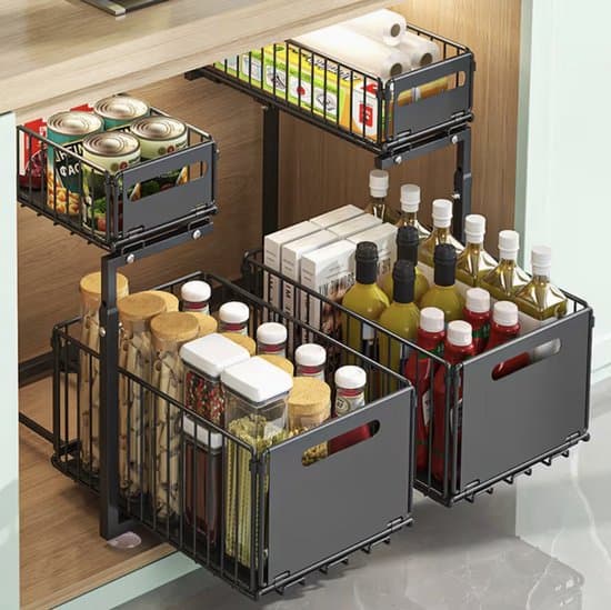 Two-tier pull-out cabinet organizer - adjustable kitchen shelf - under-sink storage system with drawers - for spices and kitchen accessories