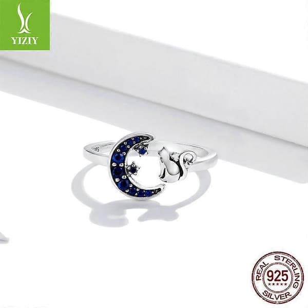 Kattring Justerbar Ring Dame Standard Sterling Sølv Måne og Stjerne Åpen Ring for Damer Jenter