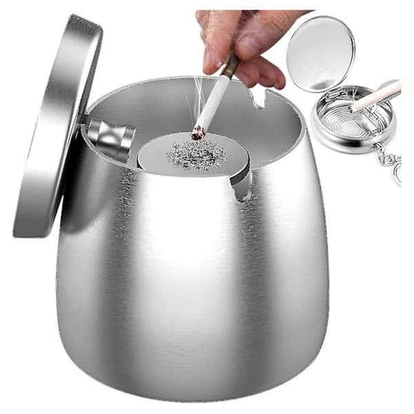 Stainless Steel Ashtray with Lid, Windproof Outdoor Ashtray with Non-Slip Bottom, Silver, Medium Size