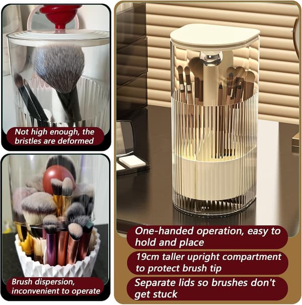 Makeup Brush Holder with Lid, with a One-Hand Push Button Opening for Easy Access to Makeup Tools.