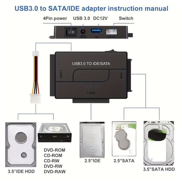 USB 3.0 - sisäinen kiintolevysovitin 2,5\"/3,5\" SATA HDD/SSD- ja IDE-kiintolevyille
