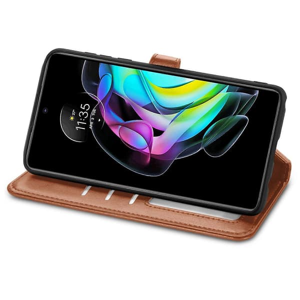Motorola Edge 20 Enfärgat Äkta Läderfodral med Spänne Brwon
