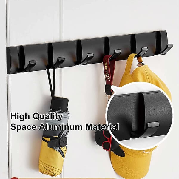 Wall Mounted Coat Rack with 6 Hooks, Modern Black Foldable Bathroom Hanger, Space-Saving Towel Rack for Hanging Jackets, Hats