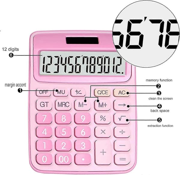 Calculator, 12-Digit Basic Desktop Calculator, Solar Battery Dual Power Supply with Large LCD Display and Large Buttons Office Calculator (Pink)