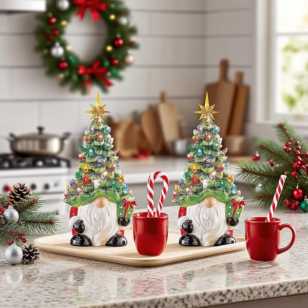 Illuminated Gnome Christmas Tree Decoration, 8-inch Mini Ceramic Gnome Christmas Tree, Small Standing Christmas Tree Gnome Decorations for Home Office and Table