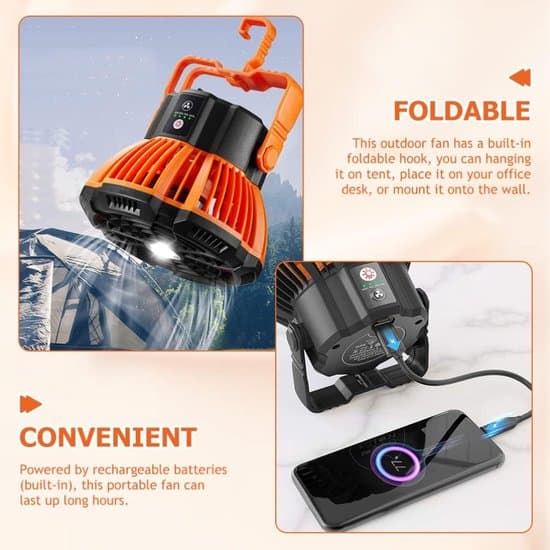 Campingventilator - USB-ventilator med hængefunktion - USB-genopladelig - med LED - lydsvag - til camping, telt, campingvogn, udendørs