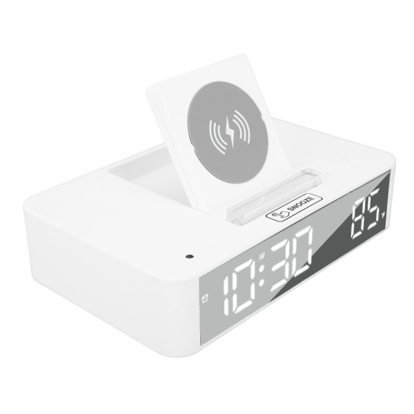 10W Digital Vekkerklokke Ett-Knapps Løfte LED Speil Elektronisk Klokke med 10W Trådløs Lading for Soverom Kontor Hjem EN001 Hvit