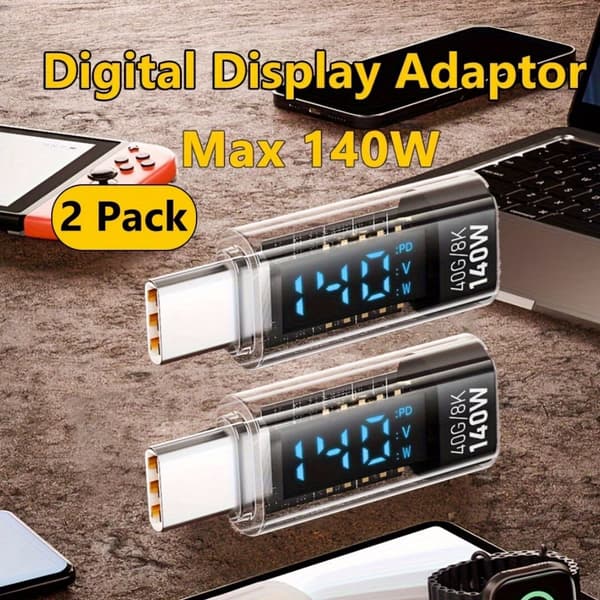 2 sovittimen sarja, maksimiteho 140 W, USB-C–USB-C-liitännällä ja digitaalisella näytöllä