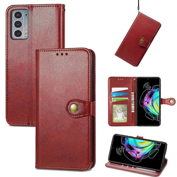 Motorola Edge 20 Enfärgat Äkta Läderfodral med Spänne Red