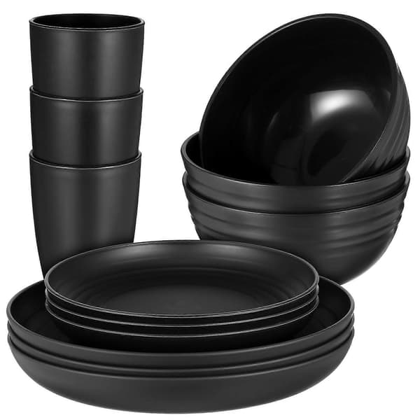 Dinnerware Set 1 Set Round Plates and Bowls Black Straw Versatile Use Perfect for Picnic Camping Home Use