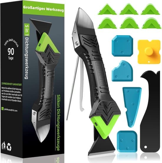 Silicone Removal Kit 5-in-1 – Caulking Scraper with 6 Replaceable Pads and Nozzles – Black – 1 set