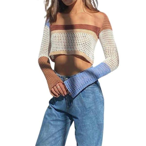 Dame Y2k Sweater Pullover Langærmet Strikket Cropped Cardigan Sweater, størrelse L
