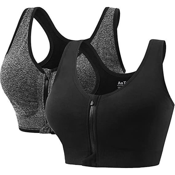 XL sportsundertøy for kvinner med avtagbare puter og push-up-bh med glidelås foran for yoga, trening og jogging (2-pakning)