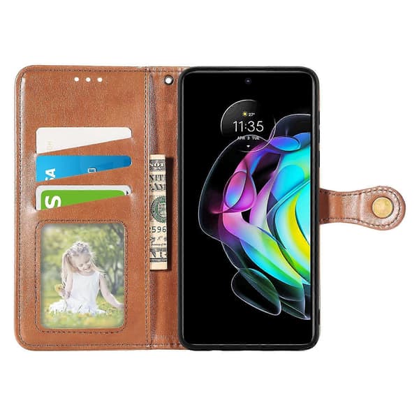 Motorola Edge 20 Enfärgat Äkta Läderfodral med Spänne Brwon