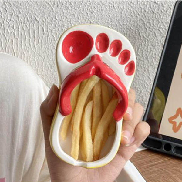Keramisk pommes frites-fat, søte flip-flops, pommes frites-tallerken, søt keramisk bolle, flip-flops-formet snack-chips, soyasaus-serveringsfat, bolle, tallerken, rød