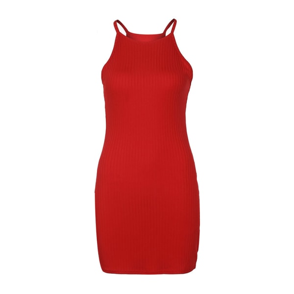 Kvinder ensfarvede ærmeløse stramme nederdel rund hals kjole fest Red L