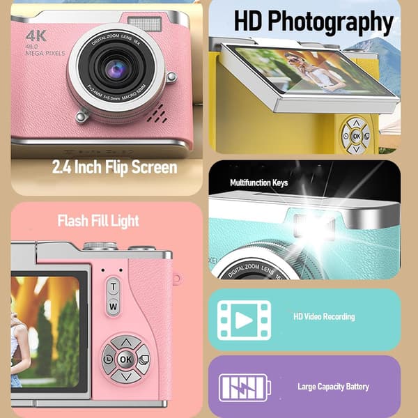 This high-resolution digital camera features a 2.4-inch high-definition rotatable screen and a built-in LED fill light, making it suitable for teenagers. Black