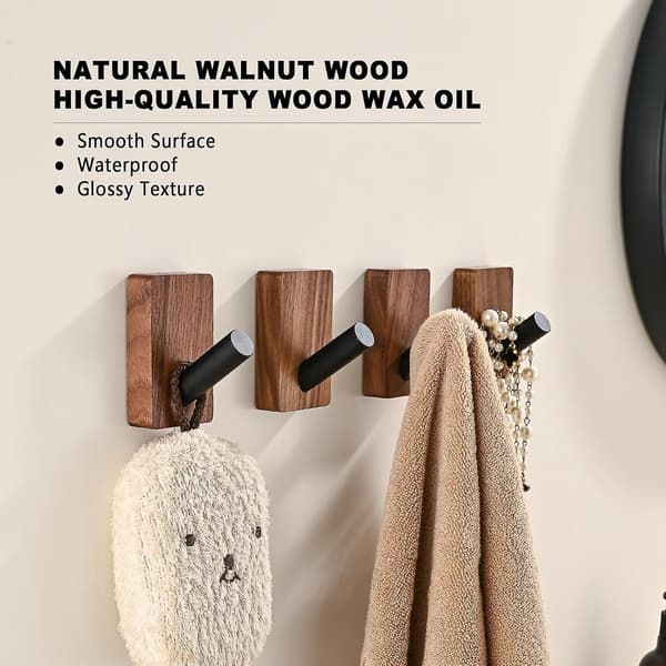 2-pack Wooden Wall Hooks for Hanging, Self-Adhesive & Wall-Mounted Boho Decorative Walnut Wood Hooks for Towel Clothes Blanket Hat Backpack R