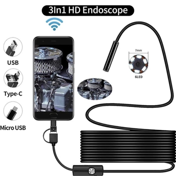2m USB Endoskop Kamera Vandtæt IP67 Fleksibelt Kabel Android / PC Sort